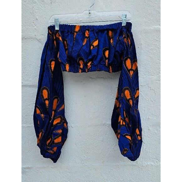 OFUURE African Print Crop Top Womens Size Small Medium Blue Orange Long Sleeves - Picture 3 of 11